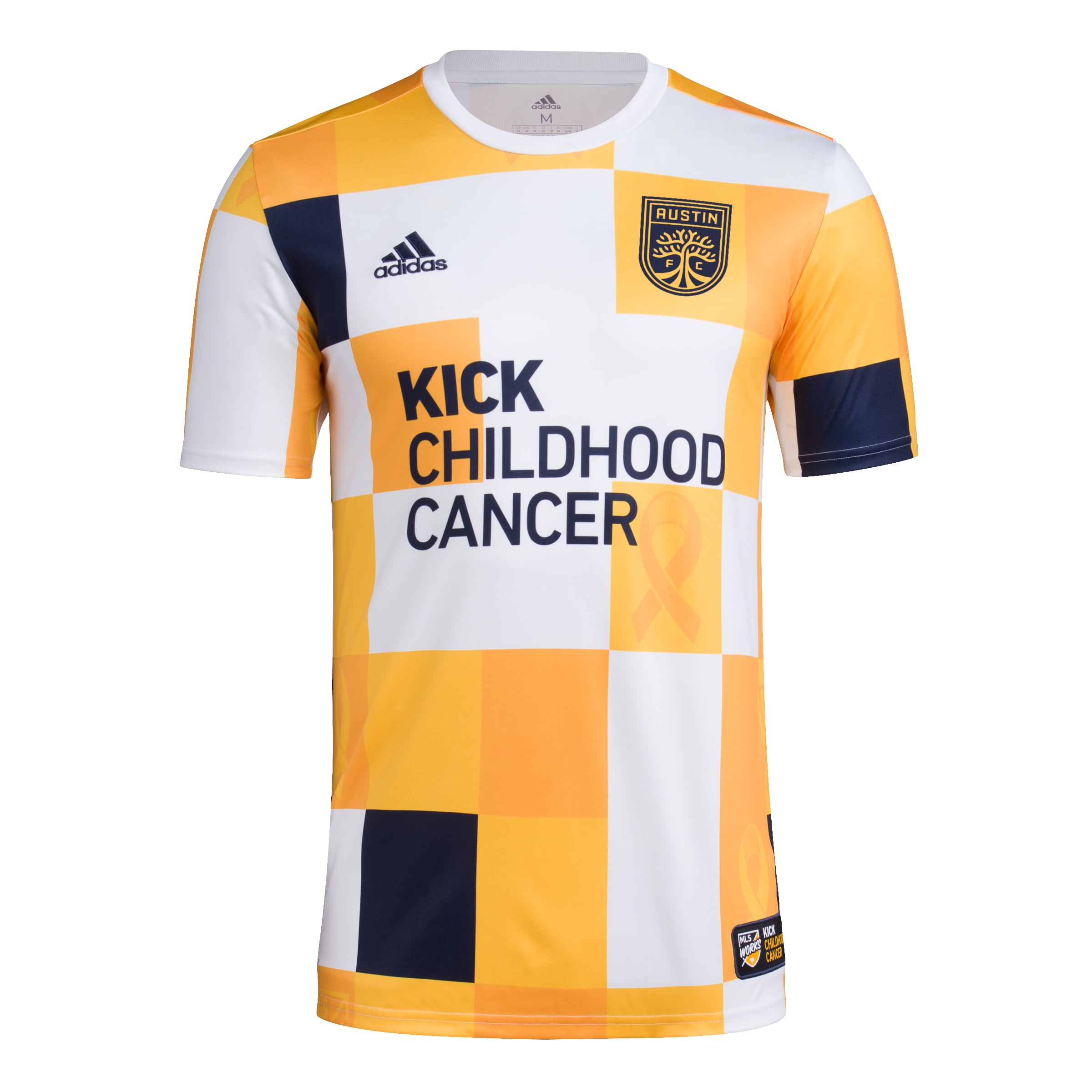 Men's Austin FC Jerseys White/Gold 2022 MLS Works Kick Childhood Cancer AEROREADY Pre-Match Top Style