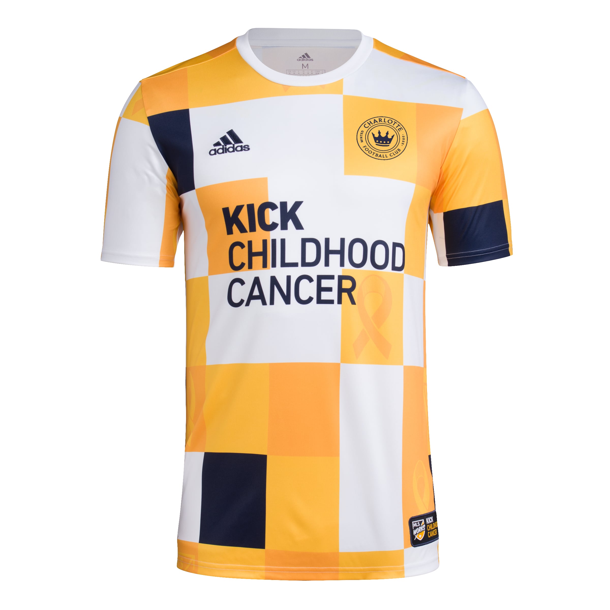 Men's Charlotte FC Jerseys White/Gold 2022 MLS Works Kick Childhood Cancer AEROREADY Pre-Match Top Style