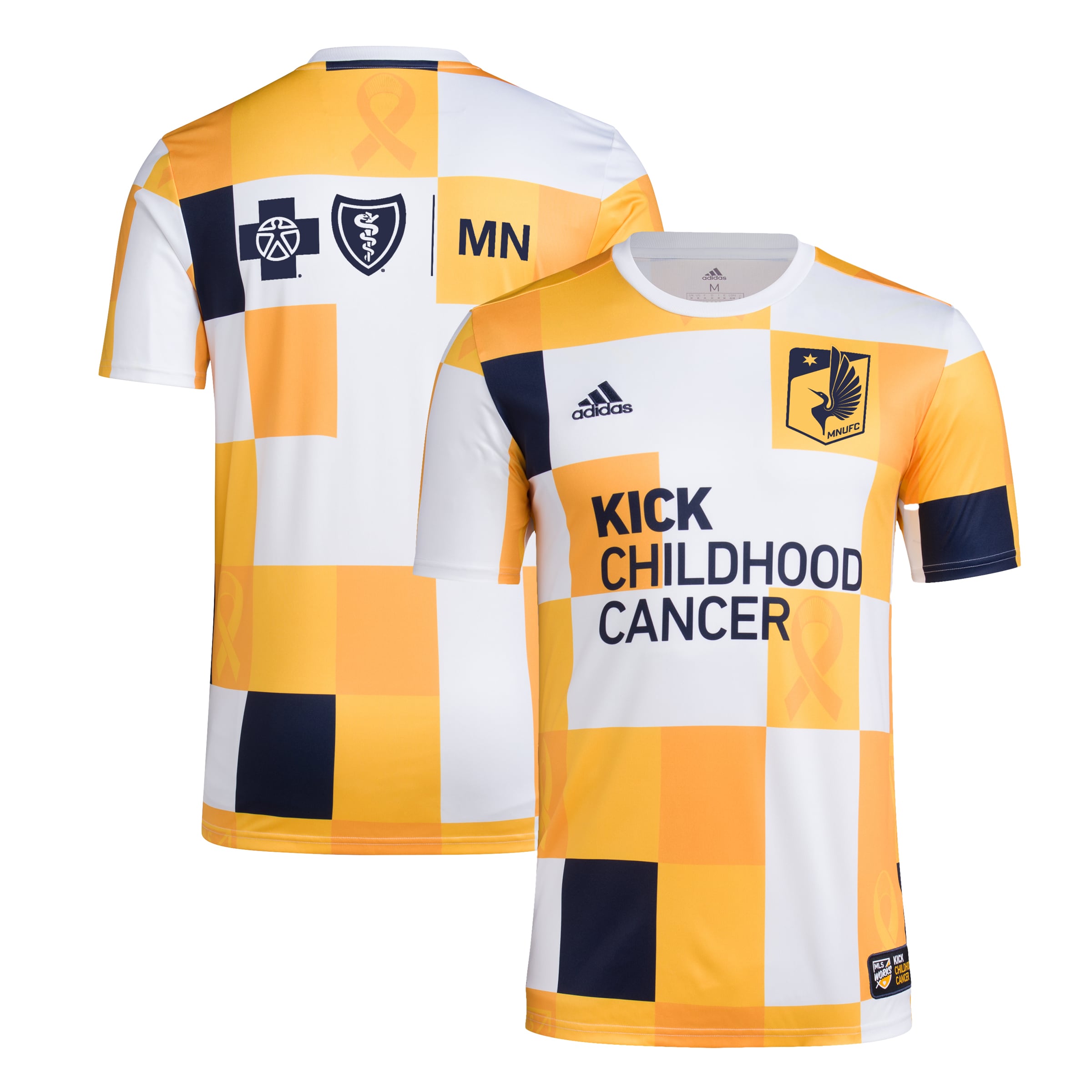 Men's Minnesota United FC Jerseys White/Gold 2022 MLS Works Kick Childhood Cancer AEROREADY Pre-Match Top Style