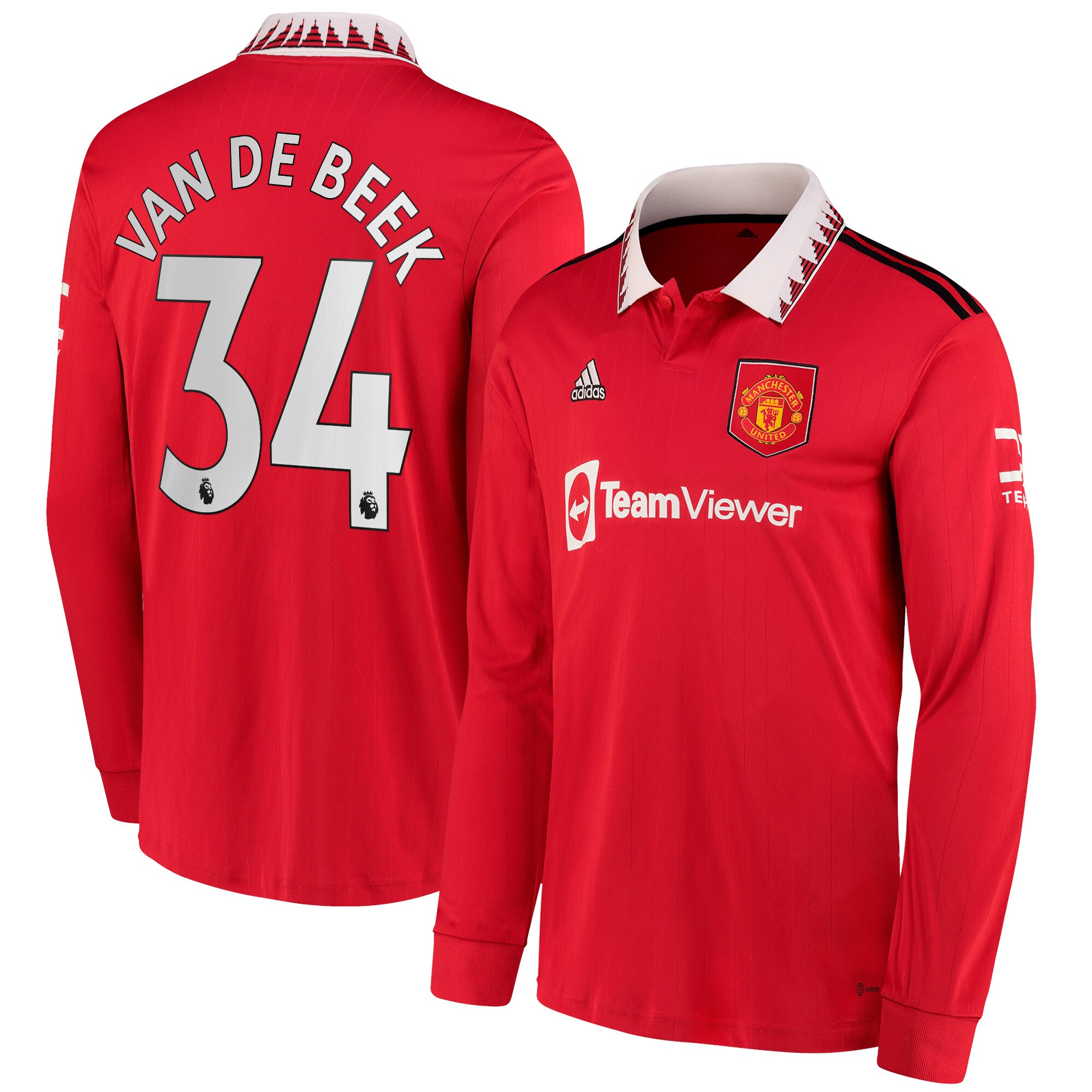 Men Manchester United Home Shirts Donny Van De Beek Shirt 2022-23 Long Sleeve Van De Beek 34 Printing