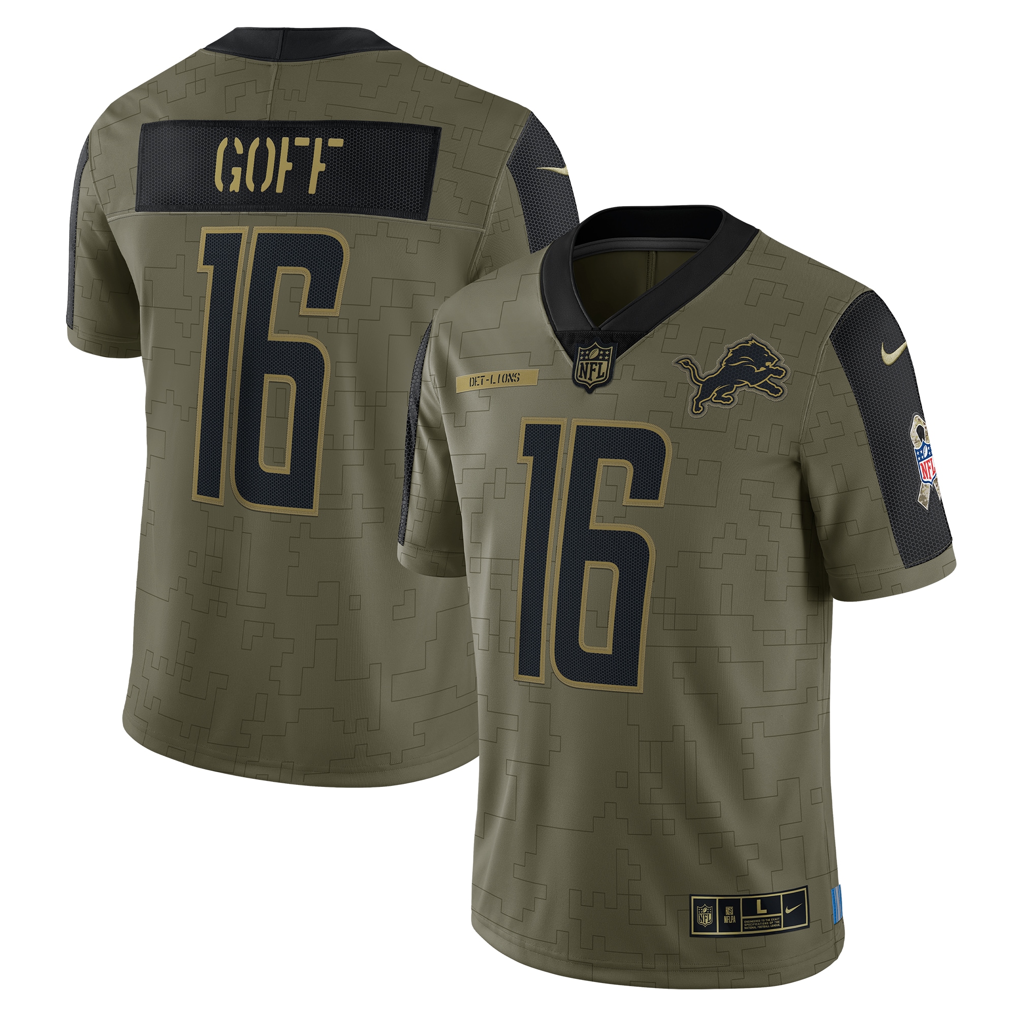 Men's Detroit Lions Jerseys Olive Jared Goff 2021 Salute To Service Limited Player Style