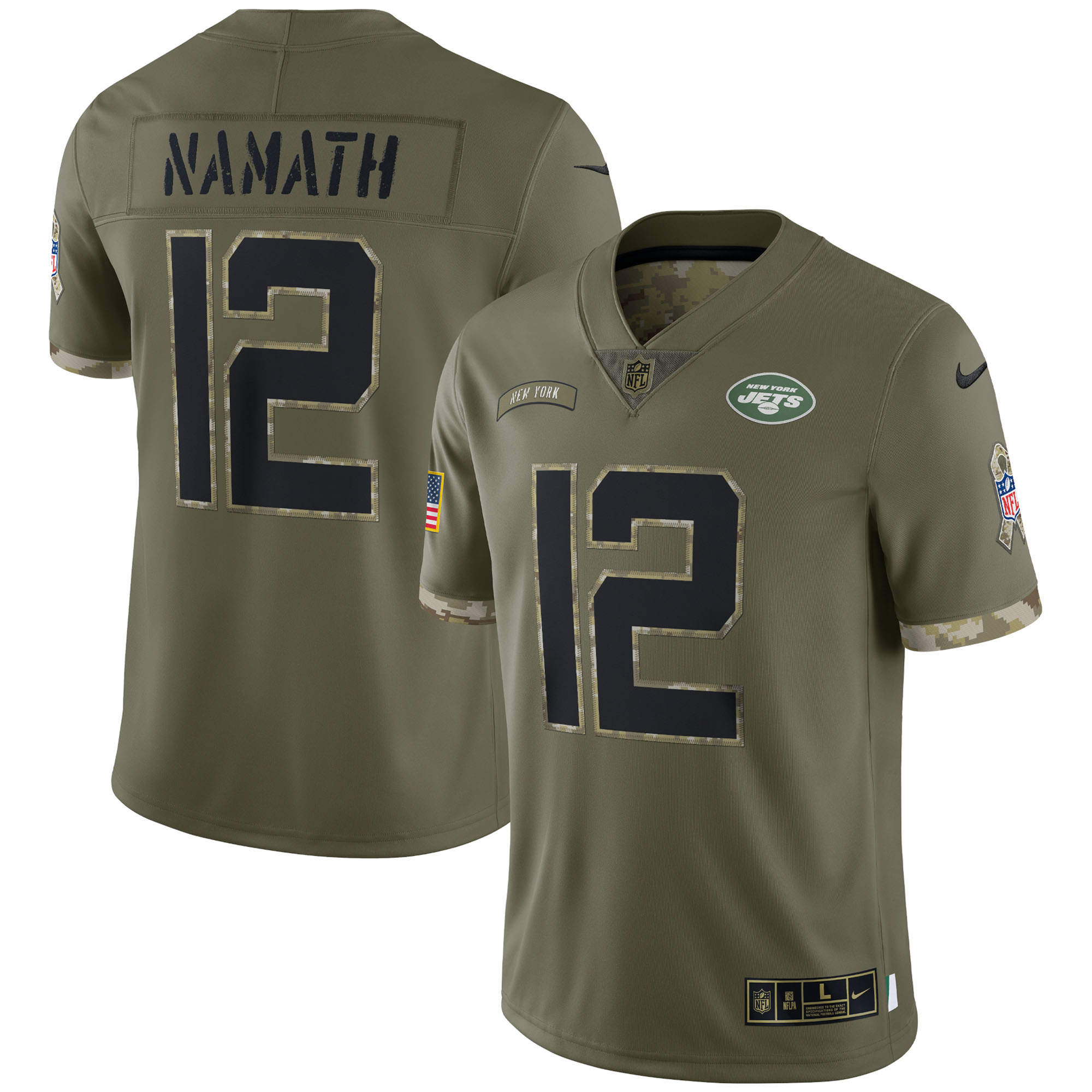 Men's New York Jets Jerseys Olive Joe Namath 2022 Salute To Service Retired Player Limited Style