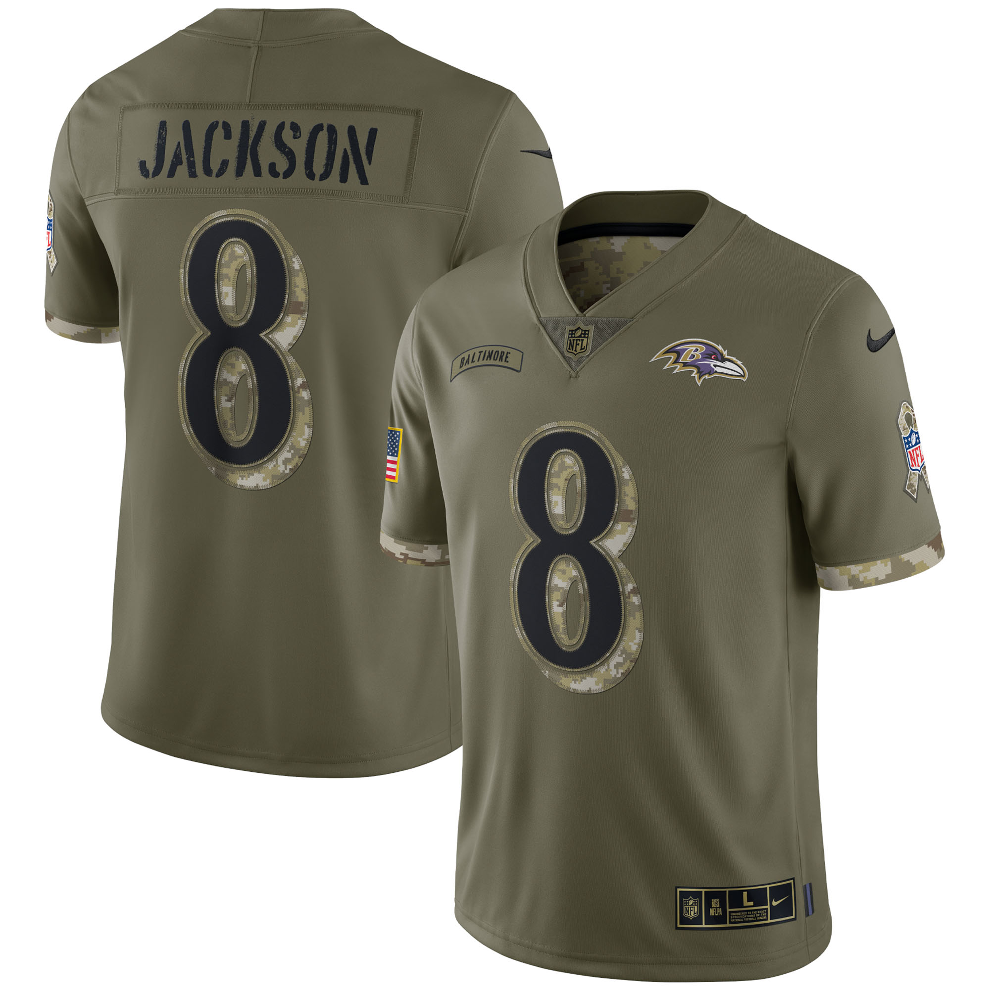 Men's Baltimore Ravens Jerseys Olive Lamar Jackson 2022 Salute To Service Limited Style