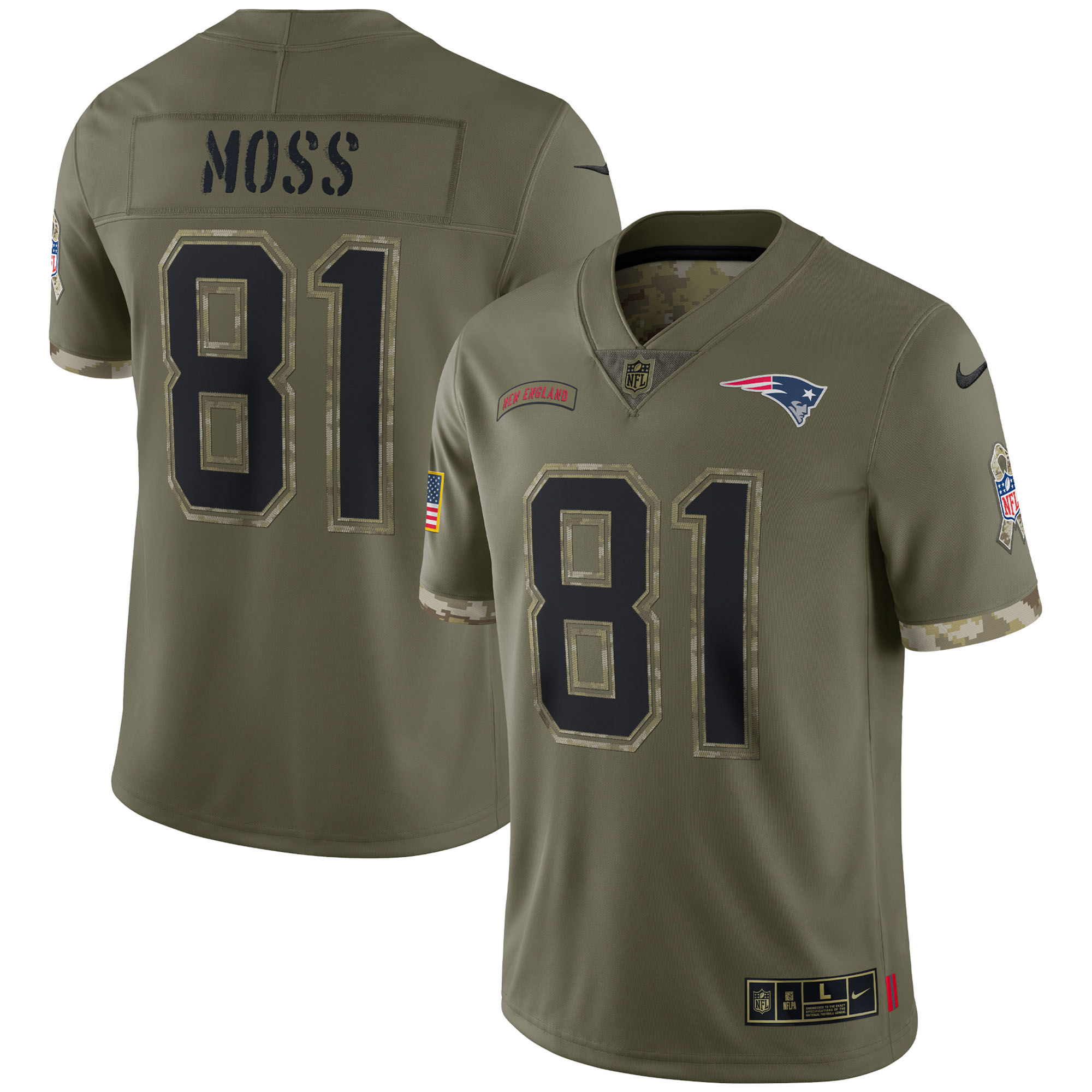 Men's New England Patriots Jerseys Olive Randy Moss 2022 Salute To Service Retired Player Limited Style