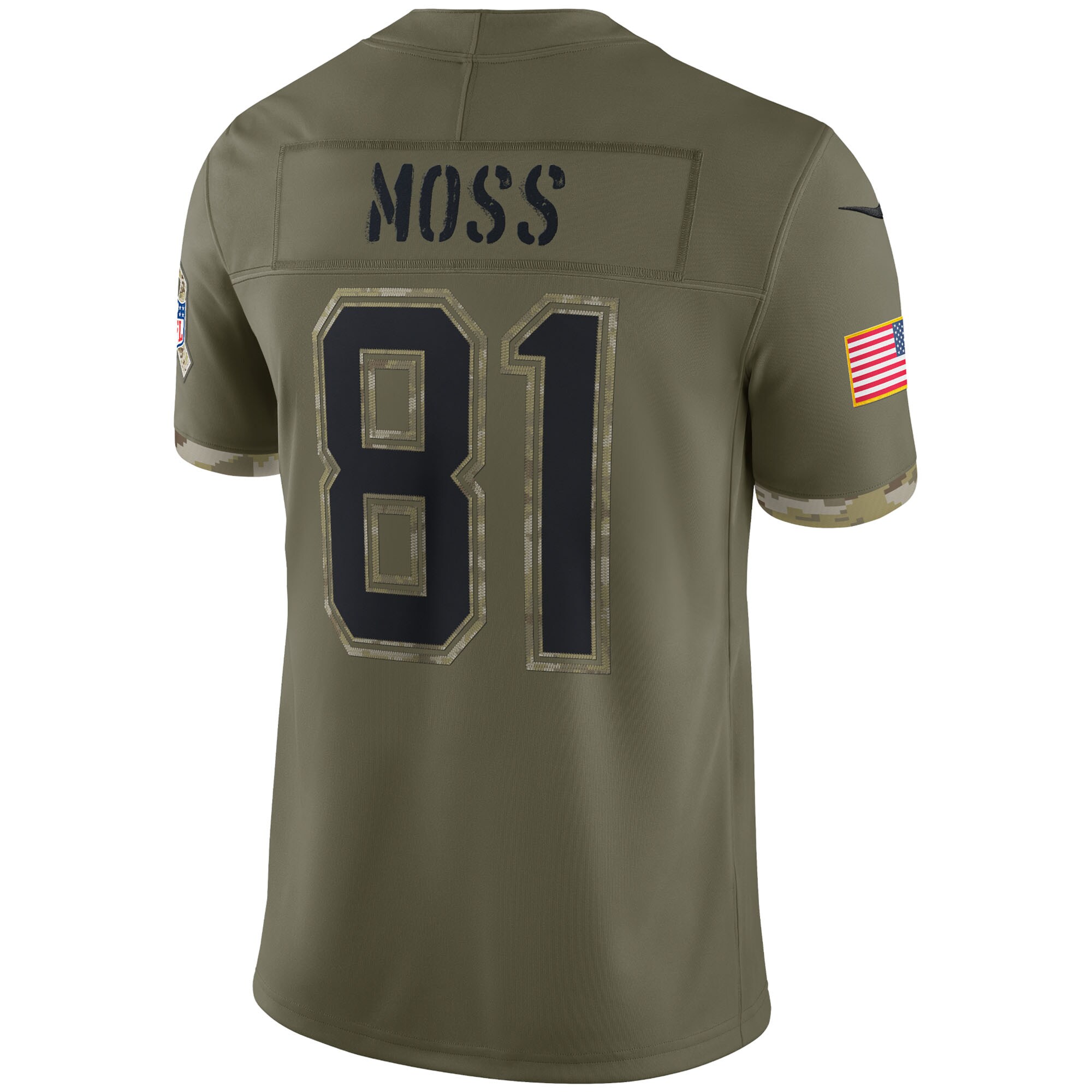 Men's New England Patriots Jerseys Olive Randy Moss 2022 Salute To Service Retired Player Limited Style