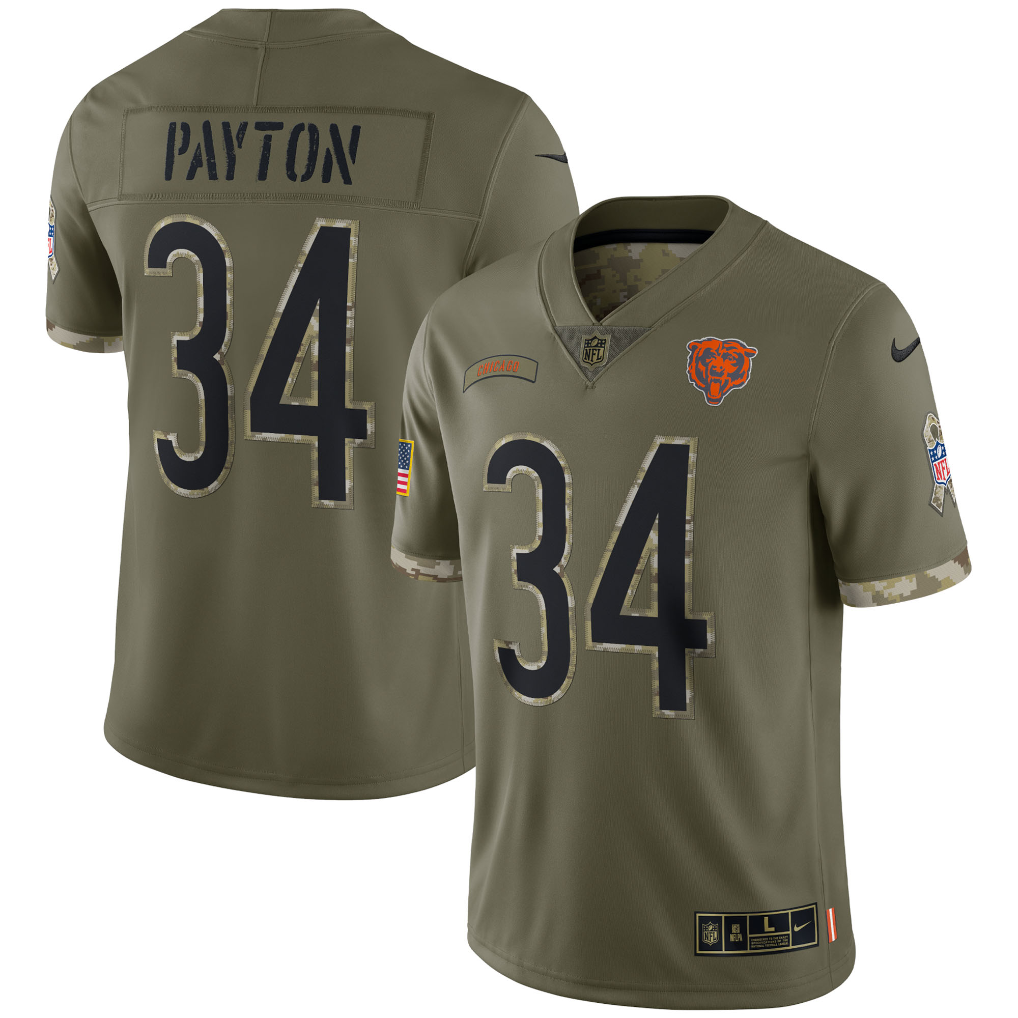 Men's Chicago Bears Jerseys Olive Walter Payton 2022 Salute To Service Retired Player Limited Style